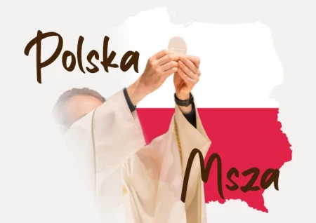 Elevation of the Eucharistic Bread against a background of the outline of Poland in the colours of the national flag