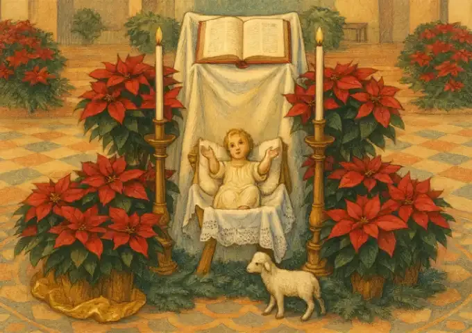 Baby Jesus in manger surrounded by Christmas Flowers