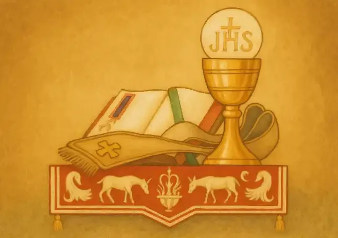 Chalice, Host and Missal with drapped stole and decorative red altar cloth