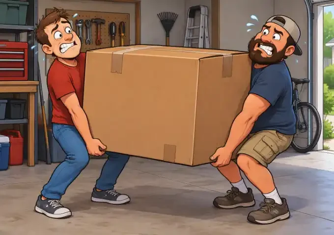 Two men lifting a heavy box in a garage