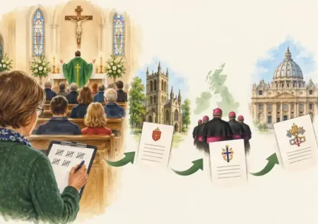Parish volunteer counting attendance at Mass before figures are submitted to the Diocese, Bishops' Conference and Vatican.
